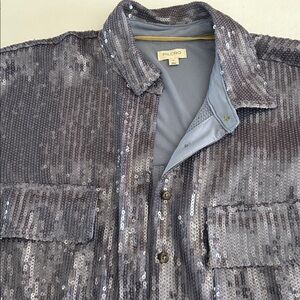 Pilcro Blue Sequin Blouse 
LS w button cuff
Shoulder to bottom 31"
Sleeve 16"